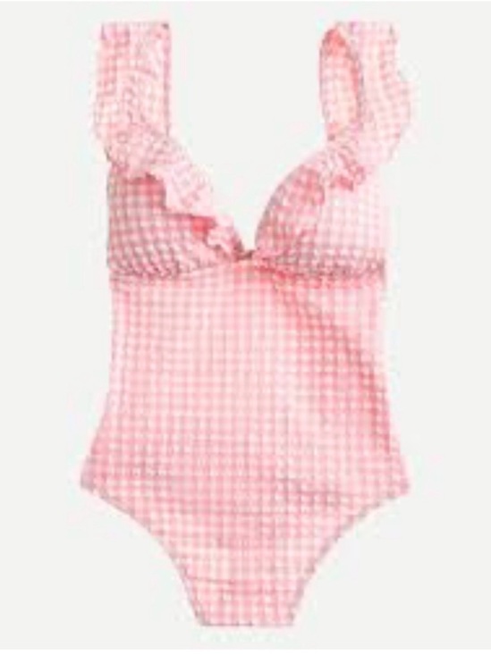 J. Crew Other - J. Crew seersucker ruffle Pink Gingham One-Piece Swimsuit with Ruffle Straps